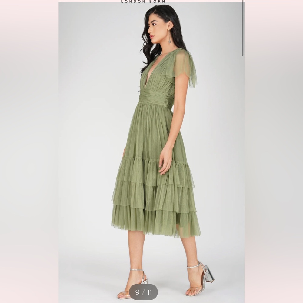 Lace & Beads Olive Green Tulle Layers Ruffled Tiered Midi Wedding Midi Sage XS